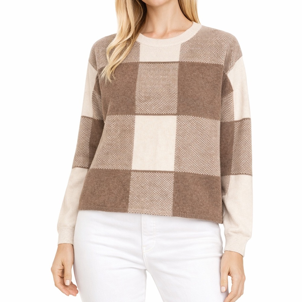 Tahari Size Large Patchwork Colorblock Brown and Cream Sweater